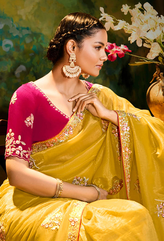 Yellow Tissue Silk Designer Sequins Work Party Wear Saree