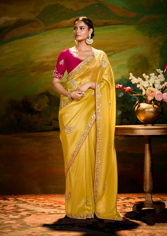 Yellow Tissue Silk Designer Sequins Work Party Wear Saree