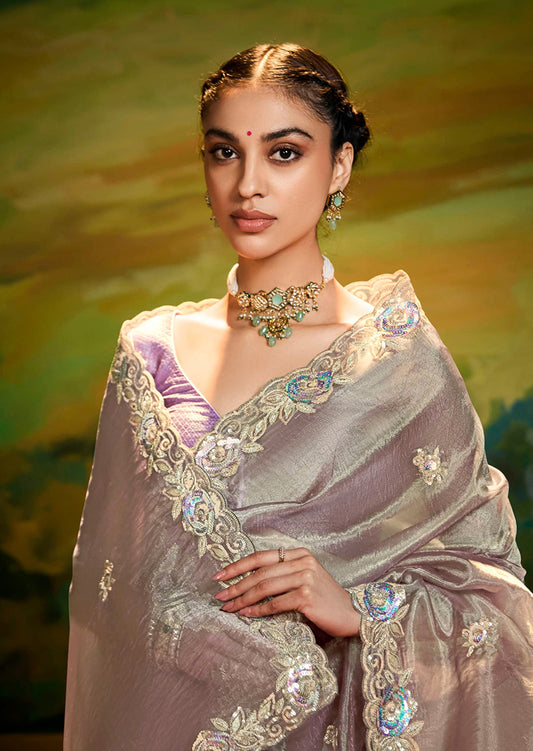 Gray Tissue Silk Designer Sequins Work Party Wear Saree