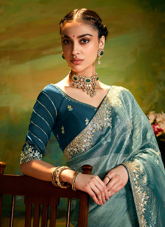 Teal Tissue Silk Designer Sequins Work Party Wear Saree