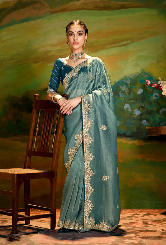 Teal Tissue Silk Designer Sequins Work Party Wear Saree