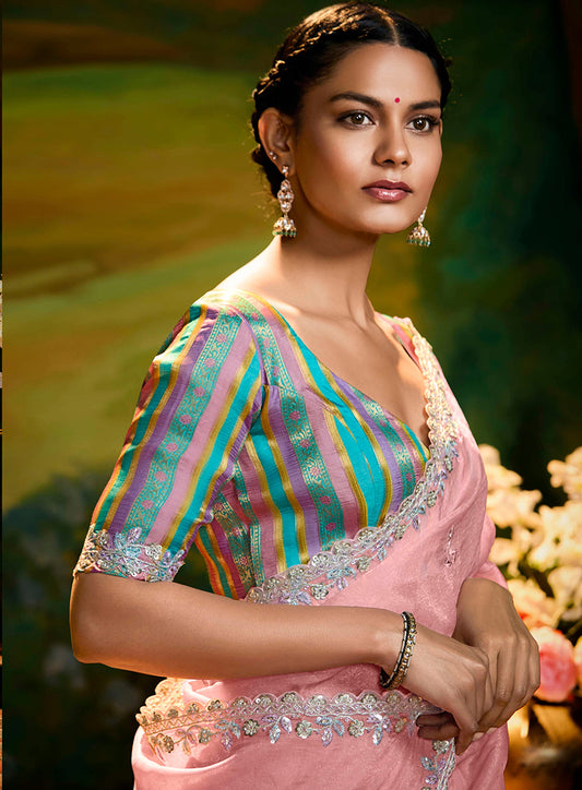 Light Pink Tissue Silk Designer Sequins Work Party Wear Saree