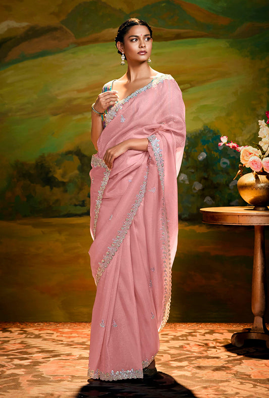 Light Pink Tissue Silk Designer Sequins Work Party Wear Saree