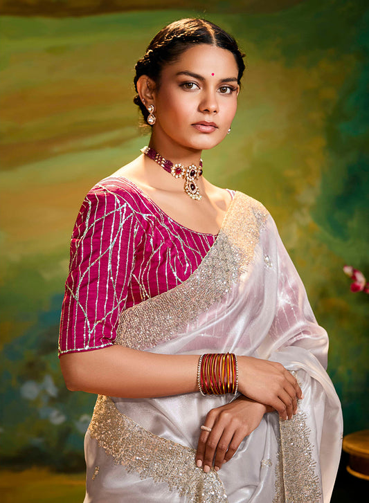 White Tissue Silk Designer Sequins Work Party Wear Saree