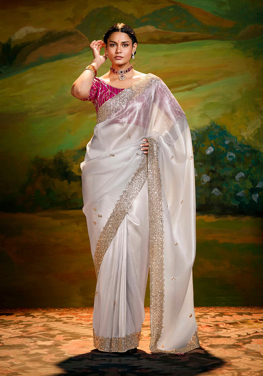 White Tissue Silk Designer Sequins Work Party Wear Saree