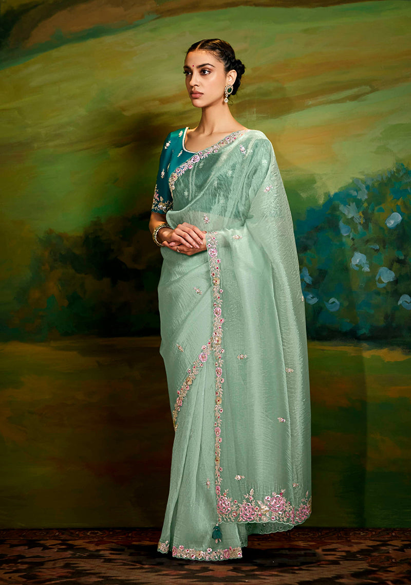 Seafoam Green Tissue Silk Designer Sequins Work Party Wear Saree