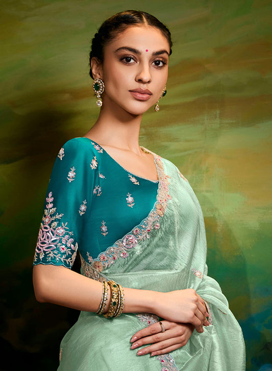 Seafoam Green Tissue Silk Designer Sequins Work Party Wear Saree