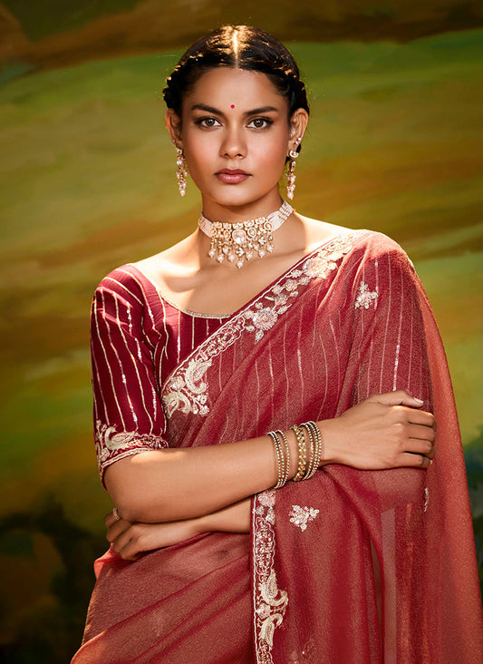 Red Tissue Silk Designer Sequins Work Party Wear Saree