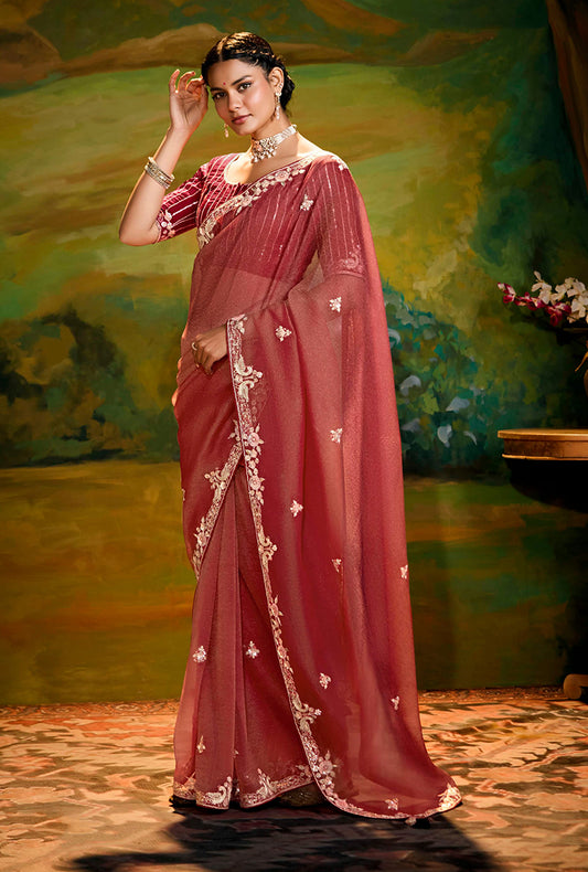 Red Tissue Silk Designer Sequins Work Party Wear Saree
