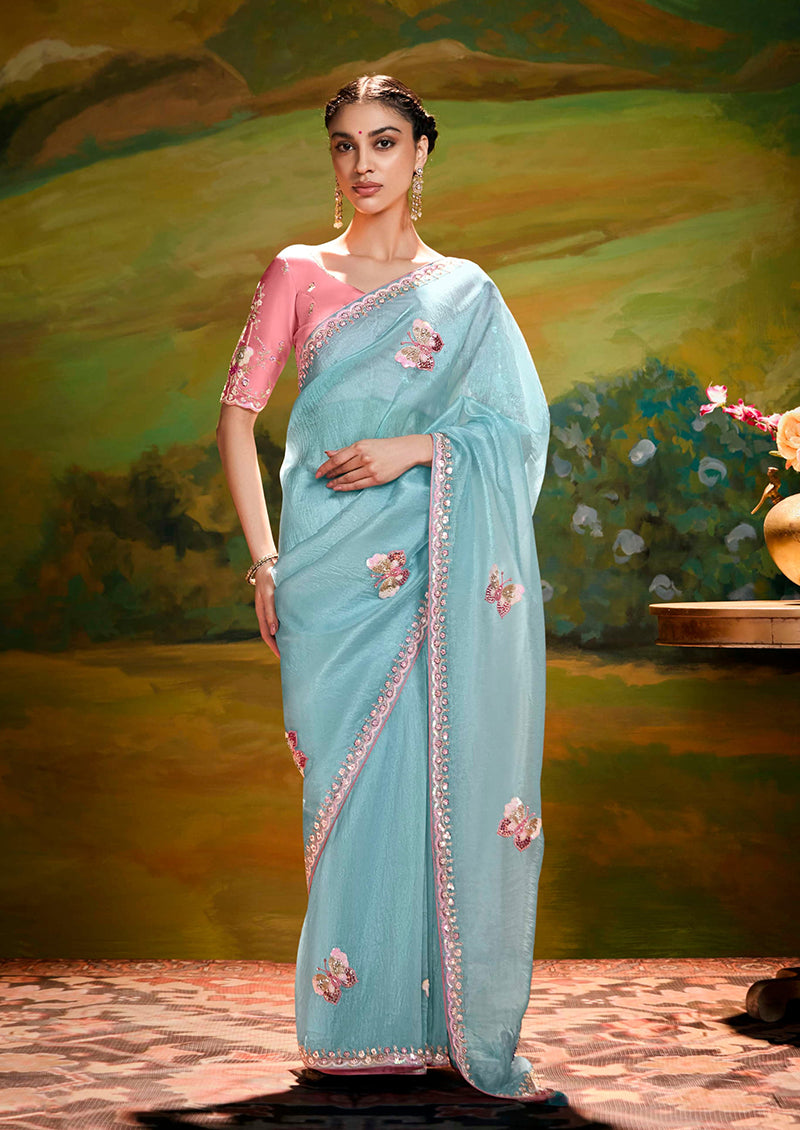 Sky Blue Tissue Silk Designer Sequins Work Party Wear Saree