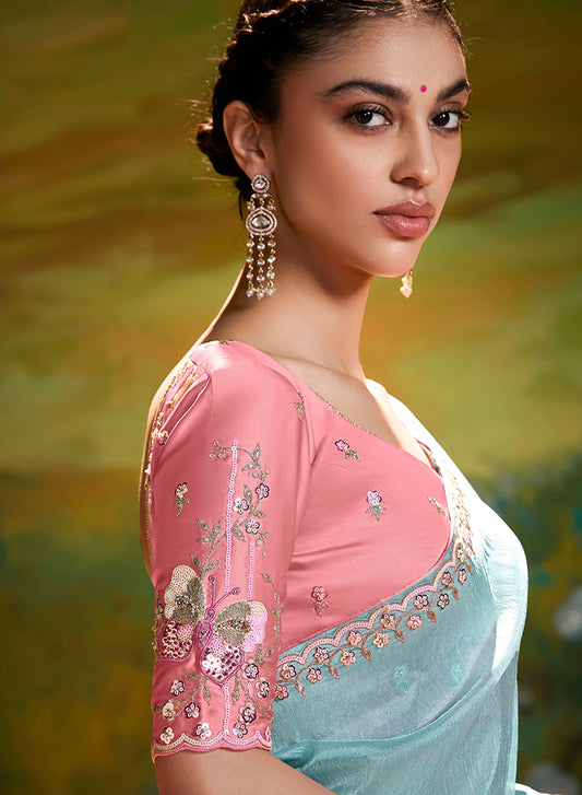 Sky Blue Tissue Silk Designer Sequins Work Party Wear Saree