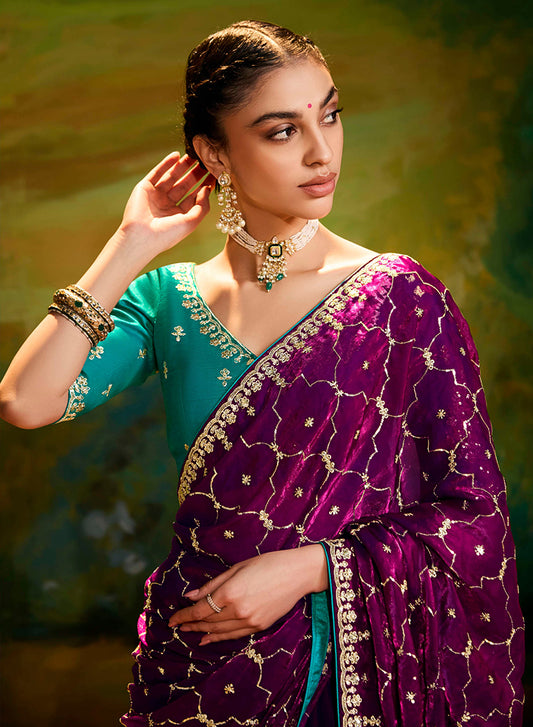 Wine Tissue Silk Designer Sequins Work Party Wear Saree
