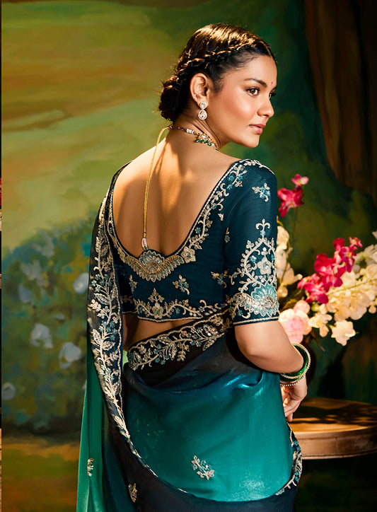 Teal Tissue Silk Designer Sequins Work Party Wear Saree