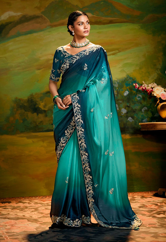 Teal Tissue Silk Designer Sequins Work Party Wear Saree