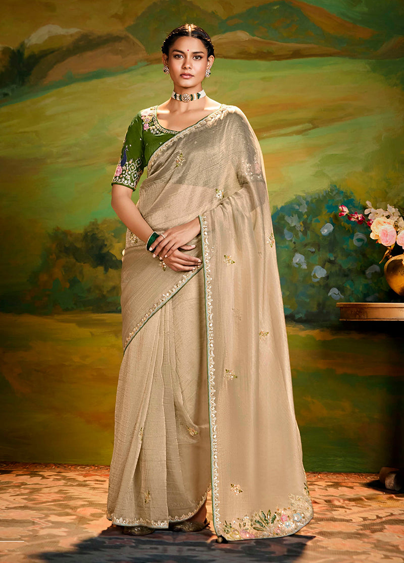 Beige Tissue Silk Designer Sequins Work Party Wear Saree