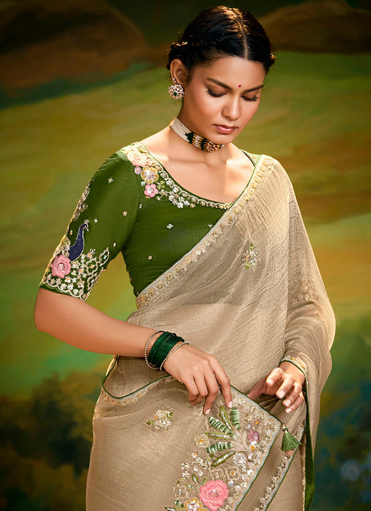 Beige Tissue Silk Designer Sequins Work Party Wear Saree