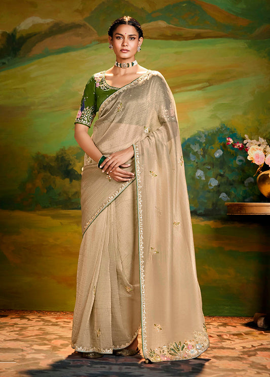 Beige Tissue Silk Designer Sequins Work Party Wear Saree