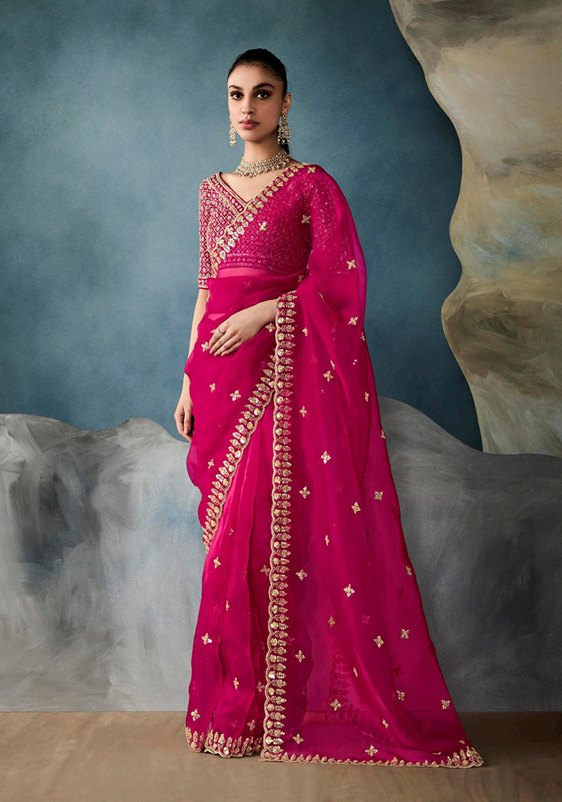 Rani Pink Tissue Silk Saree Featuring Intricate Sequins Work