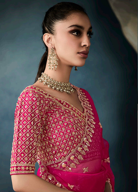 Rani Pink Tissue Silk Saree Featuring Intricate Sequins Work