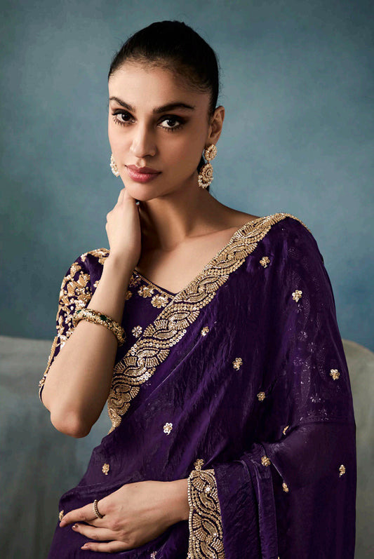 Dark Purple Tissue Silk Saree Featuring Intricate Sequins Work