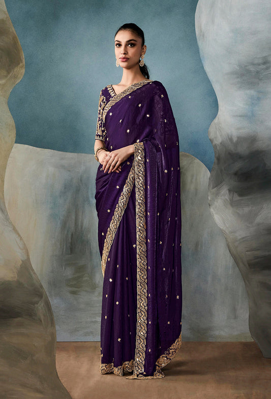 Dark Purple Tissue Silk Saree Featuring Intricate Sequins Work