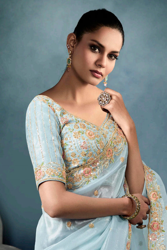 Sky Blue Tissue Silk Saree Featuring Intricate Sequins Work