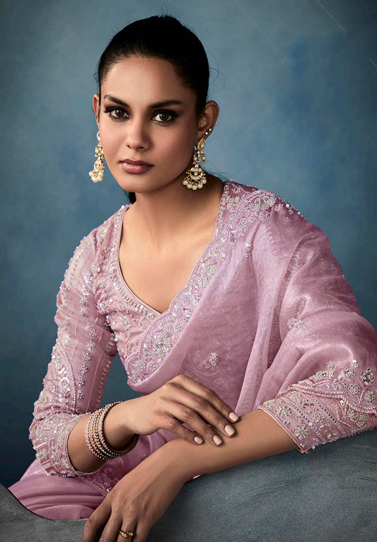 Light Mauve Tissue Silk Saree Featuring Intricate Sequins Work