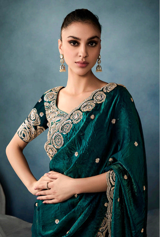Dark Teal Tissue Silk Saree Featuring Intricate Sequins Work
