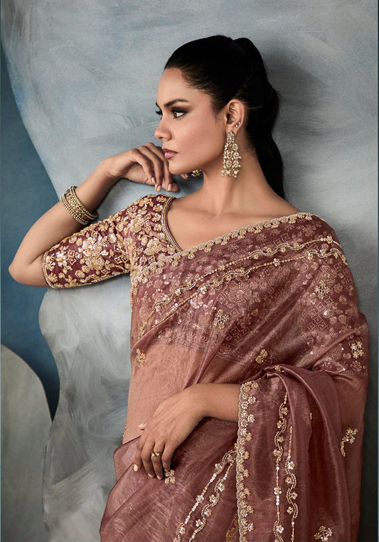 Mauve Tissue Silk Saree Featuring Intricate Sequins Work