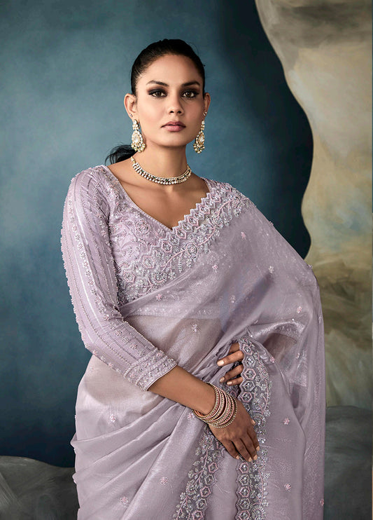 Light Lilac Tissue Silk Saree Featuring Intricate Sequins Work