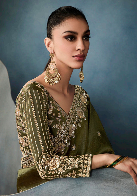 Mehendi Green Tissue Silk Saree Featuring Intricate Sequins Work