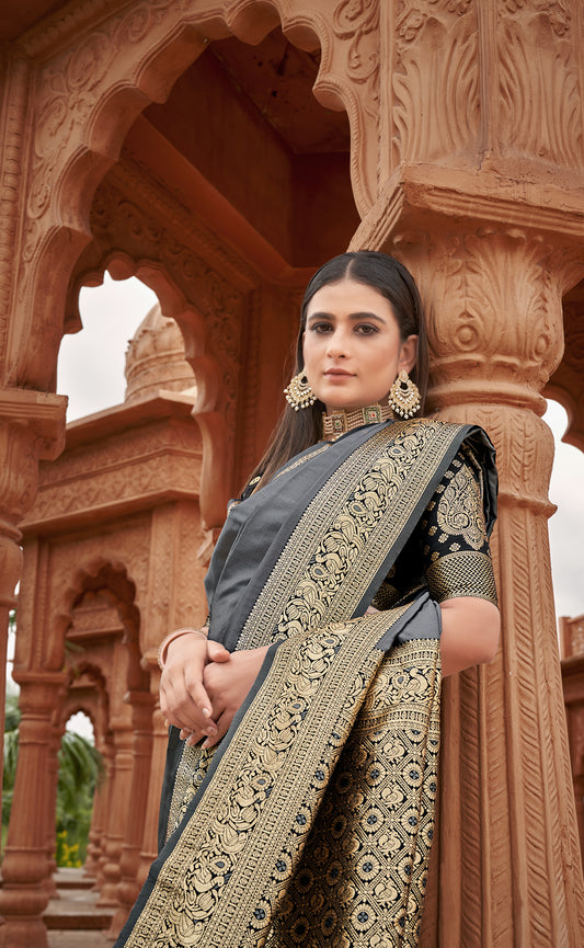 Grey Baanrasi Silk Zari Woven Classic Saree