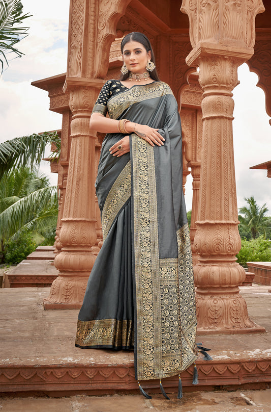 Grey Baanrasi Silk Zari Woven Classic Saree