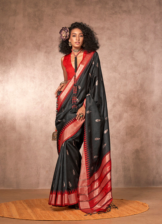 Black Bhagalpuri Silk Saree with Rich Woven Texture