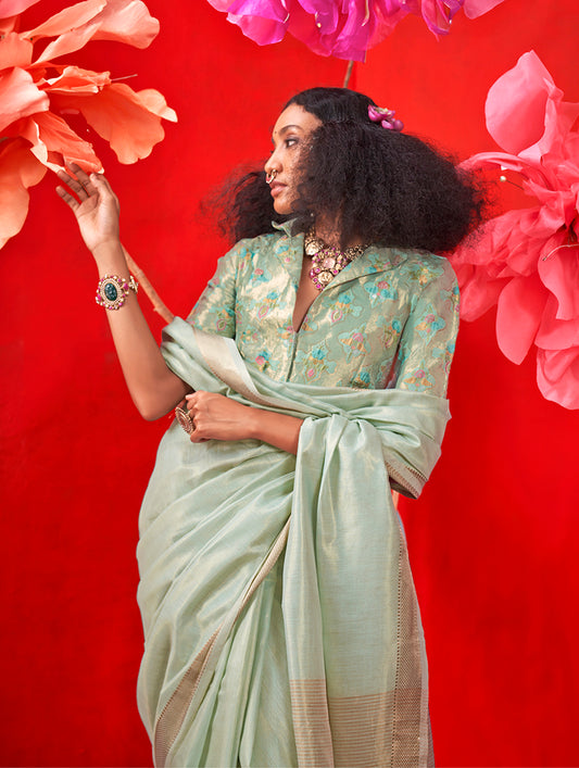 Mint Green Shimmering Tissue Silk Saree With Golden Zari Highlights