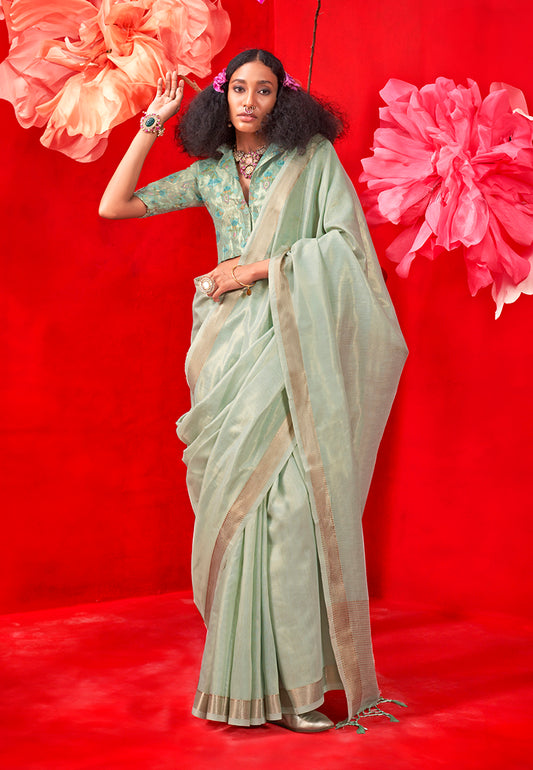 Mint Green Shimmering Tissue Silk Saree With Golden Zari Highlights