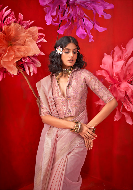 Rose Pink Shimmering Tissue Silk Saree With Golden Zari Highlights