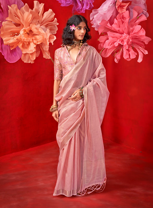 Rose Pink Shimmering Tissue Silk Saree With Golden Zari Highlights