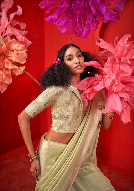 Pista Green Shimmering Tissue Silk Saree With Golden Zari Highlights