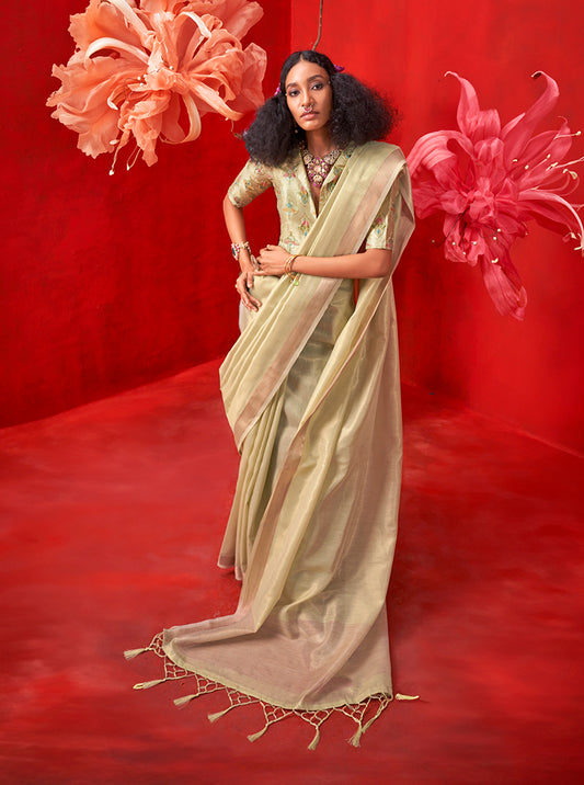 Pista Green Shimmering Tissue Silk Saree With Golden Zari Highlights