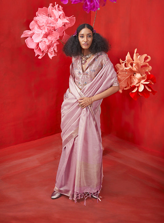 Lilac Shimmering Tissue Silk Saree With Golden Zari Highlights