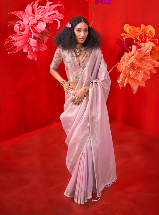 Lilac Shimmering Tissue Silk Saree With Golden Zari Highlights