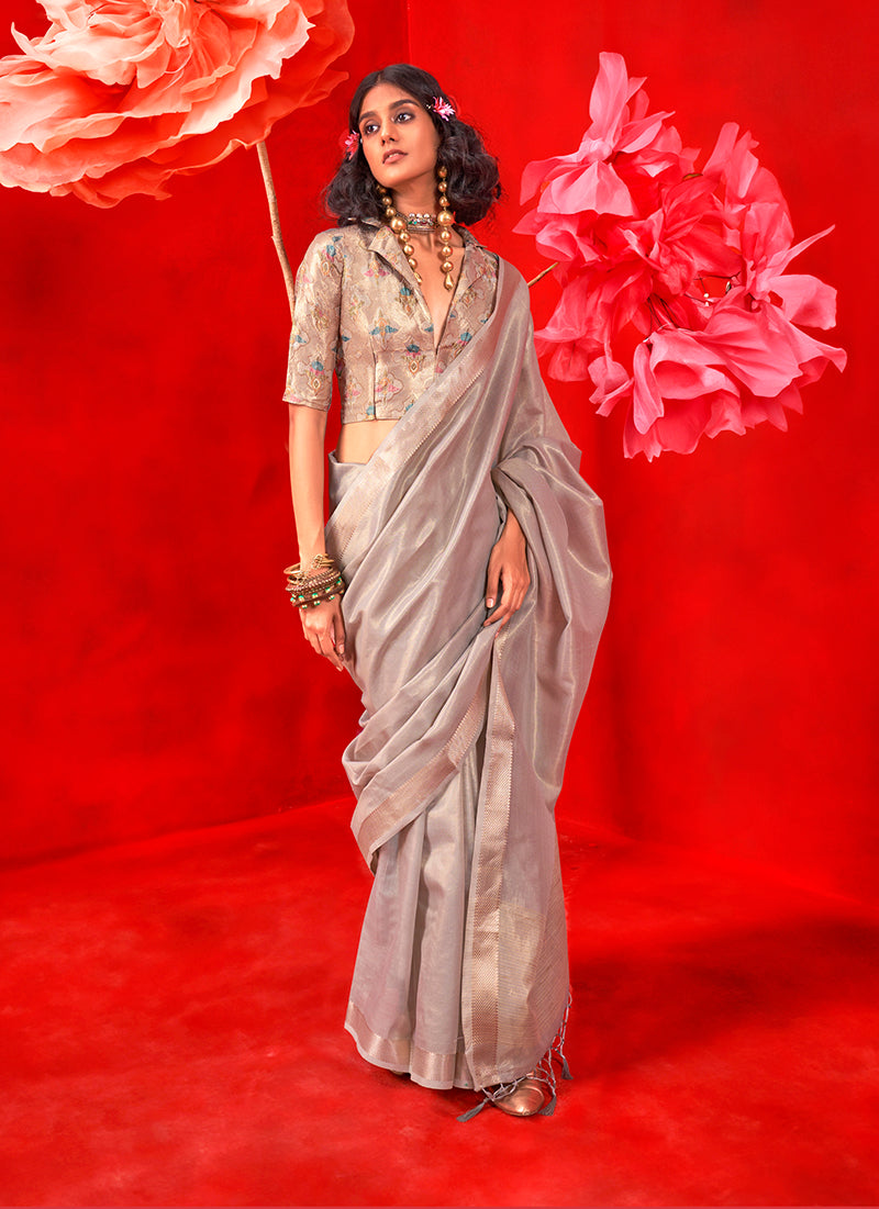 Gray Shimmering Tissue Silk Saree With Golden Zari Highlights