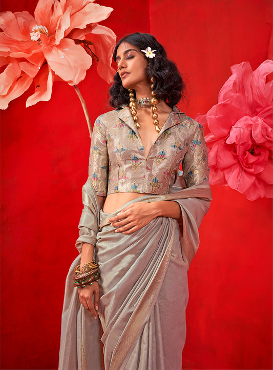 Gray Shimmering Tissue Silk Saree With Golden Zari Highlights