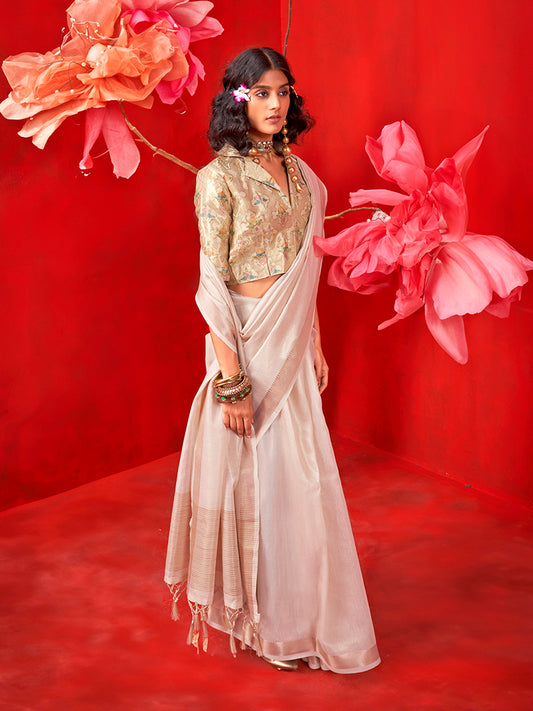Off-White Shimmering Tissue Silk Saree With Golden Zari Highlights