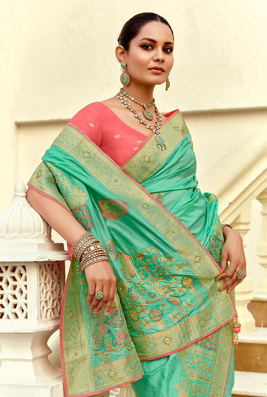 Turquoise Silk Saree with Rich Zari Weaving & Contrast Blouse