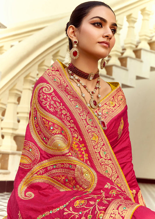Rani Pink Silk Saree with Rich Zari Weaving & Contrast Blouse