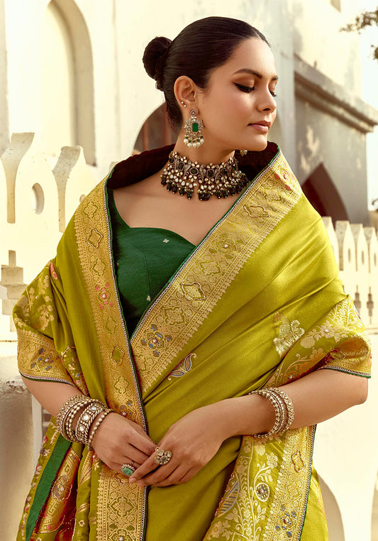 Olive Green Silk Saree with Rich Zari Weaving & Contrast Blouse
