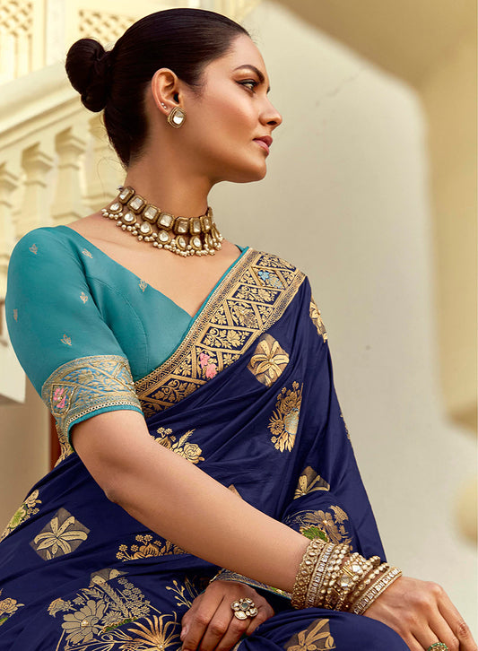 Navy Blue Silk Saree with Rich Zari Weaving & Contrast Blouse