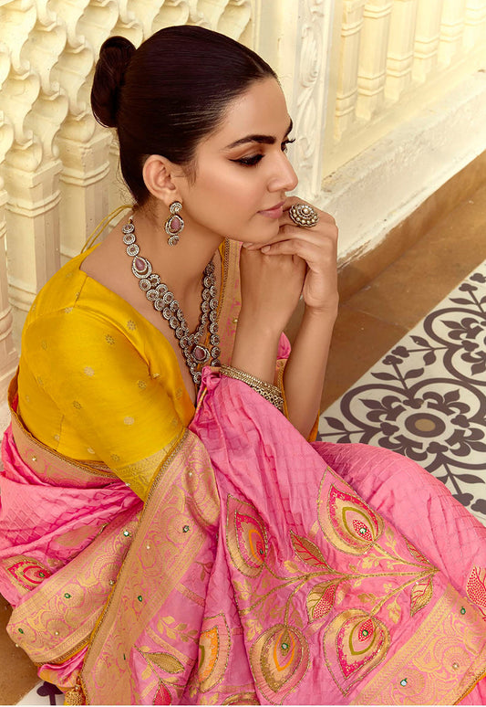 Pink Silk Saree with Rich Zari Weaving & Contrast Blouse